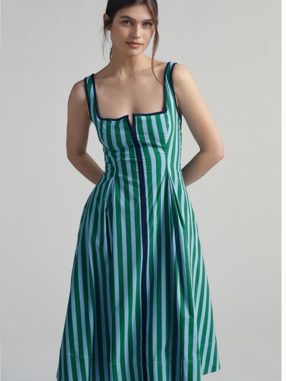 Anthropologie Striped Green and Blue Square-Neck Midi Dress